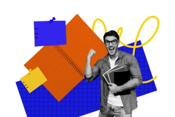 Trend artwork composite image collage of workspace person young man student hold copybook book library done exam winner yes fist success