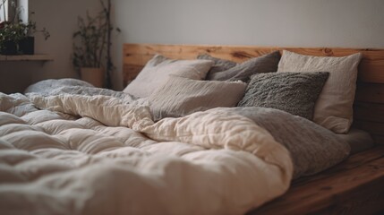 Nordic-style bed with Japanese futon layering, neutral calm tones