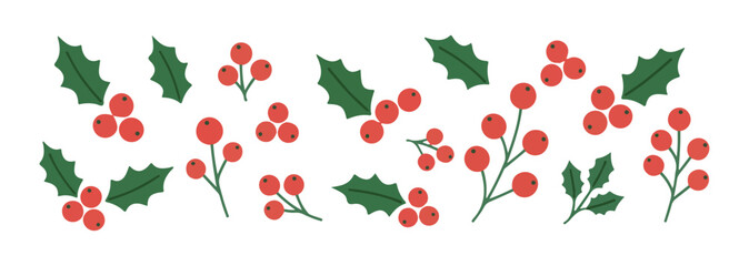 Christmas holly berry collection. Bright red berries and green leaves. A set of Xmas plants displayed against a white backdrop. Fun holiday illustration