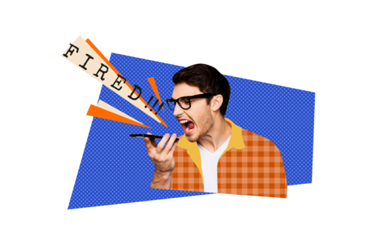 Composite photo collage of angry man scream phone rebuke boss fired unemployment problem dismissal isolated on painted background