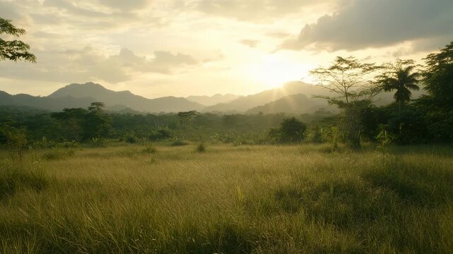 Golden sunbeams illuminate a vast grassy field before distant jungle mountains