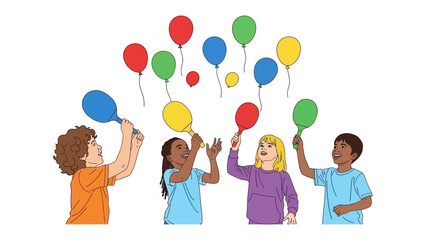 Joyful Moments with Balloons: Children celebrate with a cluster of colorful balloons, the simple joy and delight. Reflecting a lighthearted moment of carefree play.