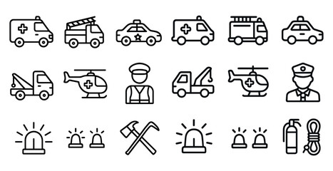 Emergency services icons set – outline, linear, rescue and safety symbols
