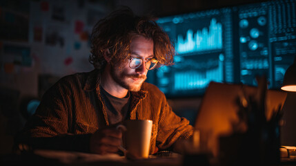 Driven software developer analyzing data trends on laptop at night with coffee, creating innovative solutions for dynamic tech industry success and growth