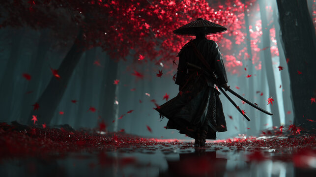a lone samurai walking slowly through a misty forest, holding a katana at his side, wearing a traditional straw hat and kimono