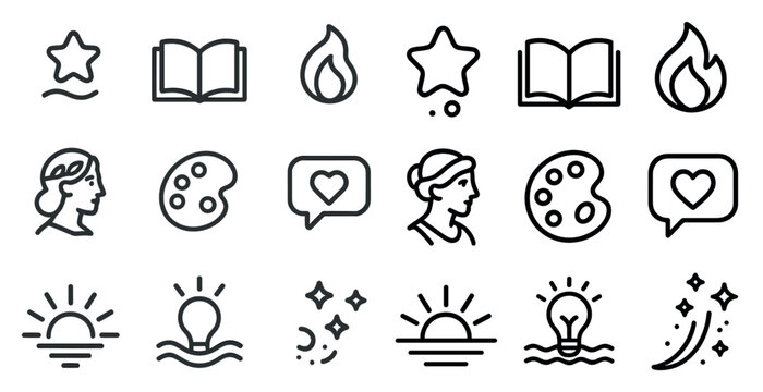 Creative arts outline icons set – linear, design, artistic symbols for inspiration