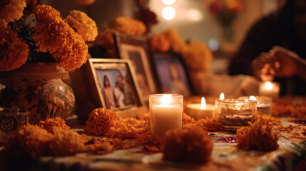 Experience the warm glow of remembrance with marigolds, candles, and cherished photos on a traditional Dia de los Muertos altar celebrating loved ones