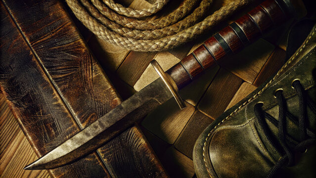 Messer und Outdoor-Ausr&uuml;stung auf rustikalem Holz &ndash; Jagdmesser, Seil, Lederstiefel, warmes Licht, Abenteuer-Stillleben