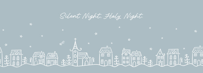 Cute hand drawn seamless doodle houses, christmas town with stars and decorated houses, great for banners, wallpapers, invitations - vector design