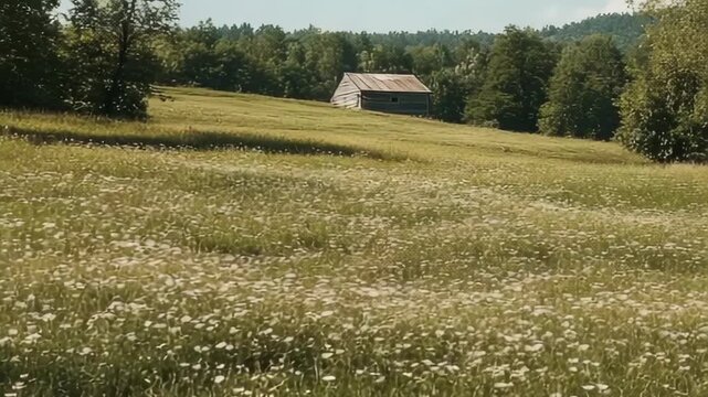 A rustic wooden cabin sits on a rolling hill amidst a field of white wildflowers