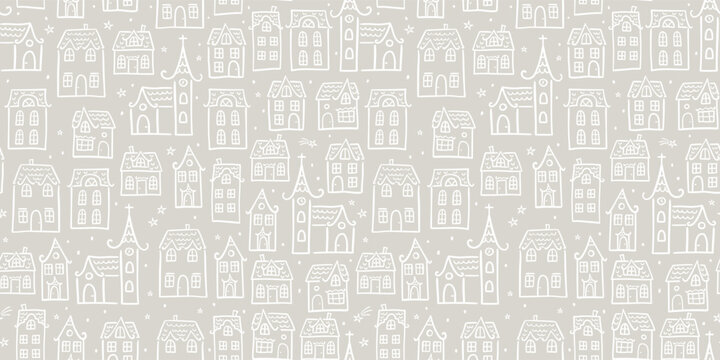 Cute hand drawn seamless doodle houses, christmas town with stars and decorated houses, great for banners, wallpapers, invitations - vector design