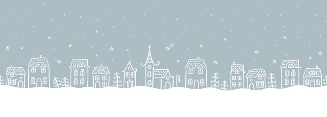 Cute hand drawn seamless doodle houses, christmas town with stars and decorated houses, great for banners, wallpapers, invitations - vector design