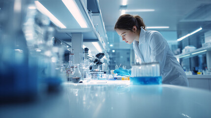 Dedicated scientist meticulously conducting research in modern laboratory with vibrant blue lighting and advanced equipment, driving innovation and discovery