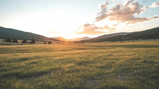 A vast grassy valley glows in warm golden light under a sunset sky and mountains