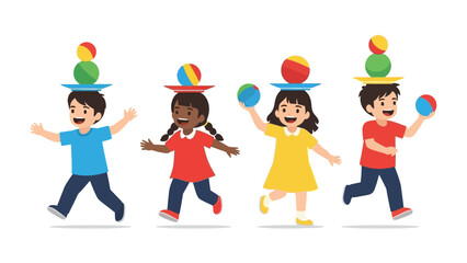 Joyful Balancing Act: Energetic children master the art of balance as they playfully balance colorful balls on plates, filled with glee and playful energy.