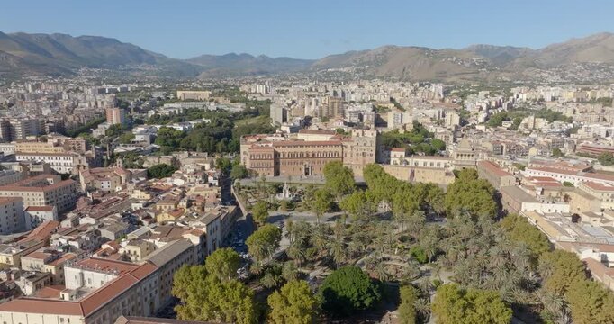 Aerial view of the Palazzo dei Normanni, also known as Royal Palace. It is located in the historic center of Palermo, Sicily, Italy. It is one of the city's most visited monuments and a Heritage Site.