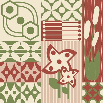 Retro Boho Geometric Floral Pattern, Scandinavian Botanical Abstract Background, Mid Century Modern Design
