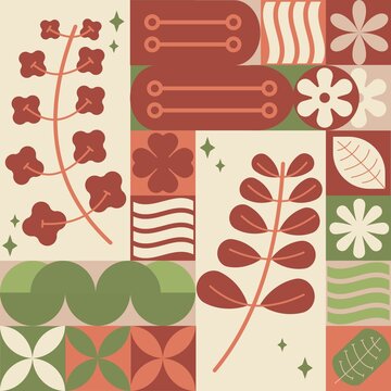Boho Geometric Leaf Pattern, Retro Floral Botanical Abstract Background, Scandinavian Nature Design 