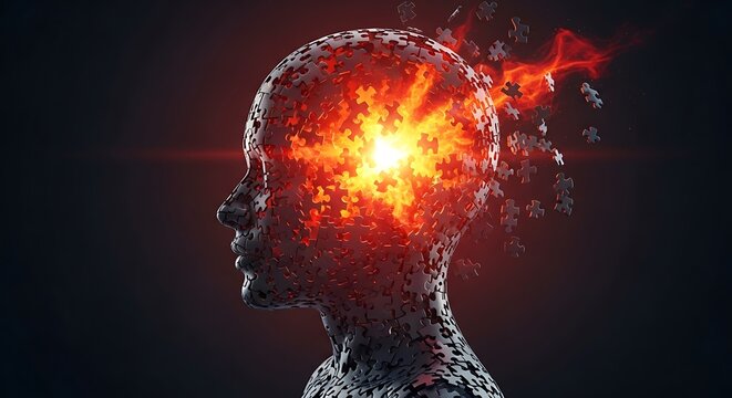 Abstract digital representation of a human head disintegrating into puzzle pieces, with a bright, fiery glow emanating from within the head. - Powered by Adobe