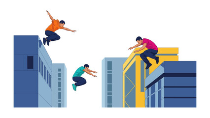 Dynamic Parkour Action: Three agile individuals navigate urban architecture with skillful parkour moves, showcasing agility, strength, and precision in a vibrant display of urban sport.