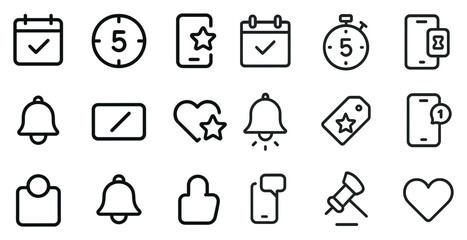 Time management linear icons set &ndash; flat, outline, scheduling and planning graphics