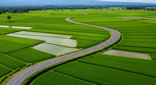 Aerial view of a winding road traversing lush, vibrant green rice fields.