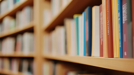 Close-up of colorful books arranged on a wooden bookshelf, showcasing a collection of diverse literature in an educational setting.