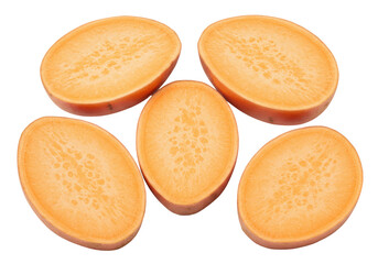 Isolated Sweet Potato Slices arranged close-up showing smooth texture and vibrant color of flesh