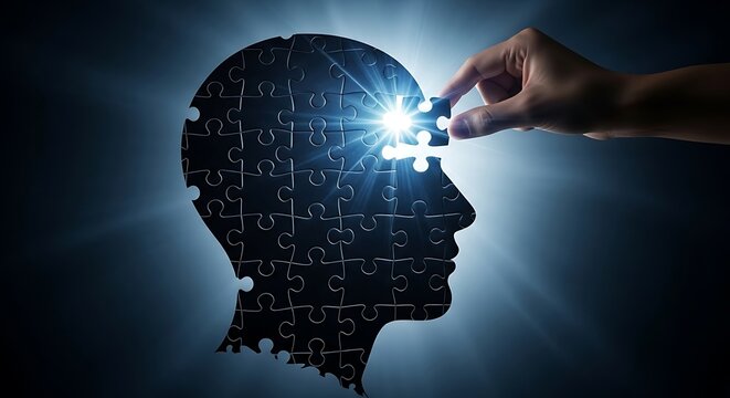 Illuminating the human mind and its intricate connections, symbolized by a puzzle piece fitting into a silhouette of a head