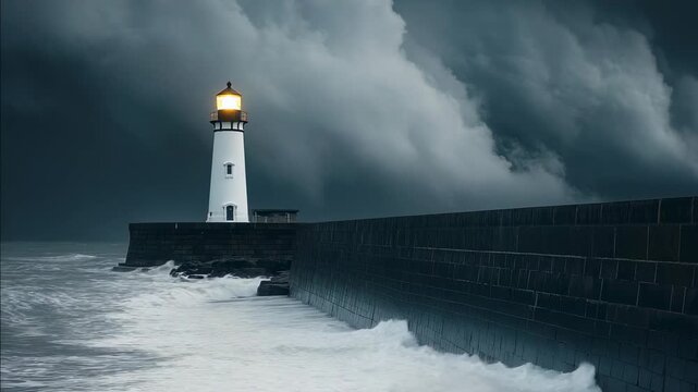 A glowing lighthouse stands on a dark stone pier against a stormy sea and sky
