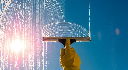 Hand in yellow glove cleaning window with squeegee and soap suds