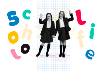 Composite photo collage of happy blonde brunette schoolgirls education concept wear uniform classmates isolated on painted background