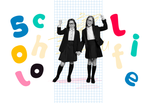 Composite photo collage of happy blonde brunette schoolgirls education concept wear uniform classmates isolated on painted background