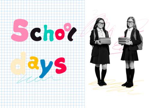 Composite photo collage of happy bookworm blonde brunette schoolgirls education concept classmates isolated on painted background