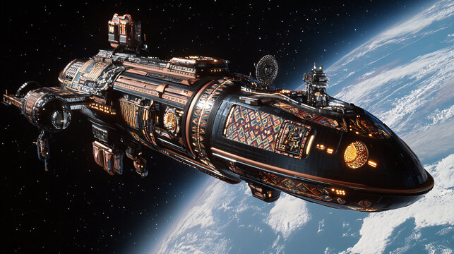 Spectacular futuristic spaceship explores deep space near Earth, creating a sense of wonder and excitement for cosmic adventures and interstellar travel