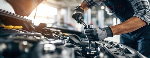 Obraz premium The Mechanic Repairing a Car Engine with Socket Wrench in Bright Workshop