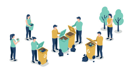 Isometric people engaging in outdoor recycling activities