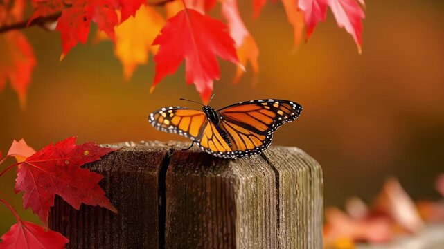 A monarch butterfly rests on a weathered wooden fence post amidst vibrant autumn maple leaves.