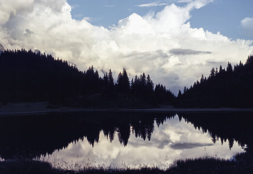 Lago Dosso, mountain lake near San Bernardino, Switzerland, at evening