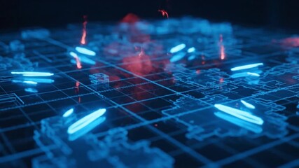 Futuristic digital grid visualization featuring glowing blue and red lines, showcasing advanced technology and abstract design with intricate patterns that evoke depth and innovation - Powered by Adobe