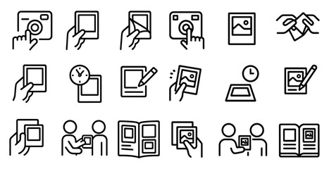 Digital photo line icons set &ndash; outline, linear, image editing and sharing symbols