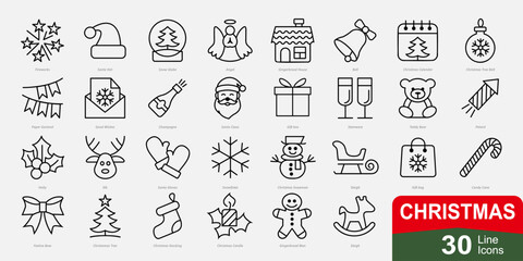 Christmas Line Icons Set – 30 Outline Vector Symbols, Minimal Holiday Collection