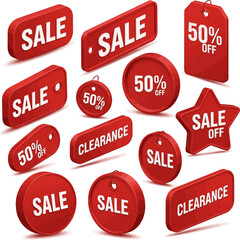 Create a kinds of deferent 3d rendering of red sale tag 3d label. vector art with white background..