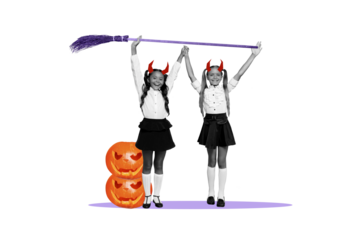 Composite trend artwork sketch image collage of happy halloween spooky season carnival horrible day two girl devil horn witch hold broom