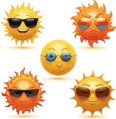 Create a kinds of deferent 3d rendering of sun wearing glasses. vector art with white background..