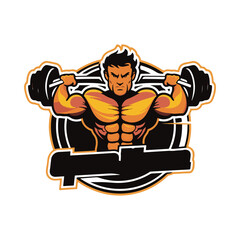 Bodybuilder Mascot Logo. Strong Man Lifting Barbell Vector Illustration.