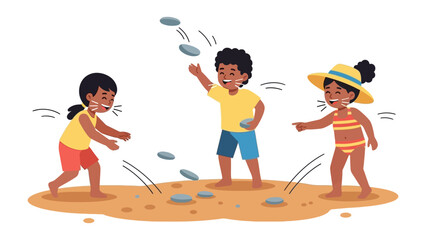Playful Moments by the Sea: Three children are engaged in a joyous game on a sandy beach, laughing and throwing stones. The illustration encapsulates the pure joy of childhood.