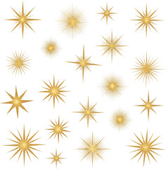 Create a kinds of deferent golden sparkling star vector art with white background..