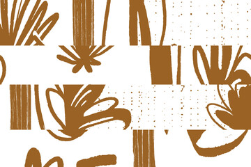 Contemporary Minimal leaves and shapes abstract pattern. Collage contemporary unique print. Boho Scandinavian silhouette brown modern 