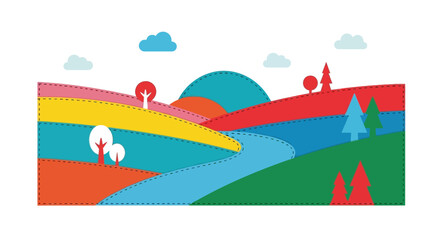 Naklejka premium Vibrant Abstract Landscape with Rolling Hills and Winding River.